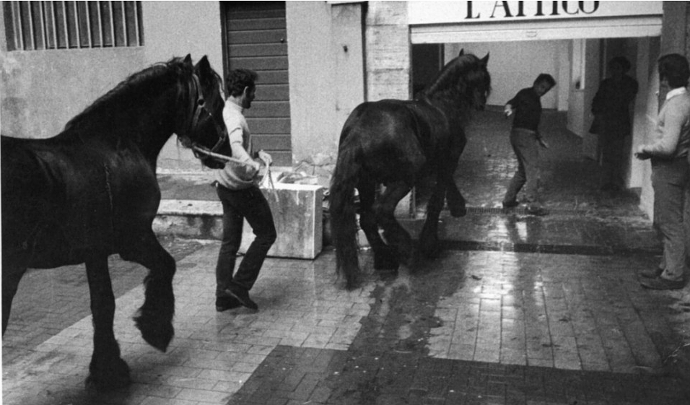 Fabio Sargentini osserva i cavalli di Jannis Kounellis che entrano a L'attico (allora il garage di via Beccaria), il 14 gennaio 1969 (photo: fabiosargentini.it)
